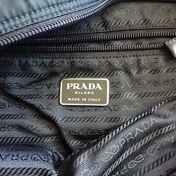 Black Prada nylon fabric with navy blue double handles tote - Picture 8 of 16
